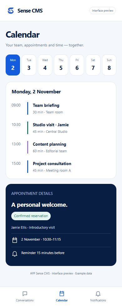 A clearer working day — APP Sense CMS mobile interface preview with example data