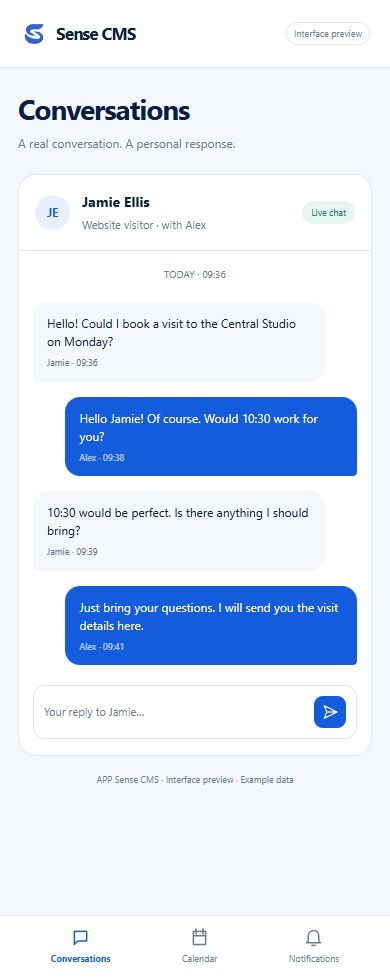 People, not just messages — APP Sense CMS mobile interface preview with example data