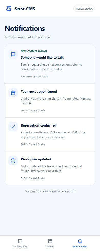 The right moment to respond — APP Sense CMS mobile interface preview with example data