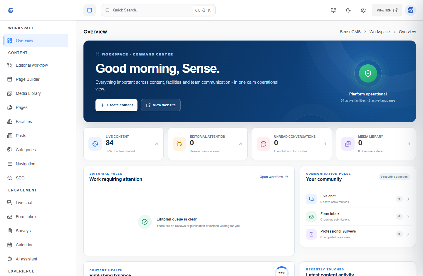 Sense CMS administration workspace with content overview, editorial queue and team communication. Example data from the development installation.